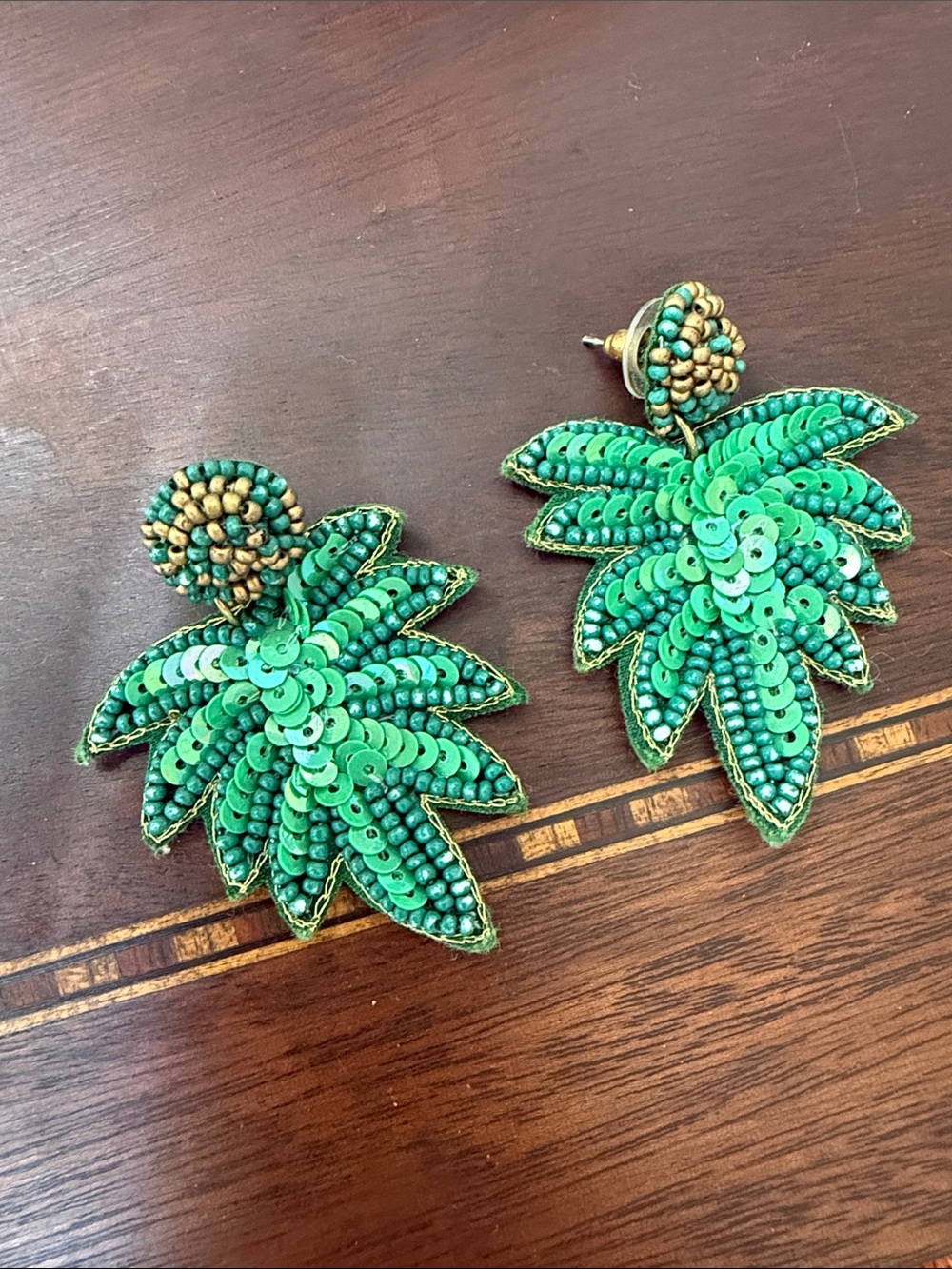 Green Palm tree Leaf Statement Earrings- Sequins and Beads